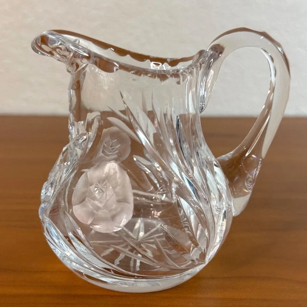Vintage Lead Crystal Frosted Rose Creamer Pitcher Cut Glass Floral 4.25 Inch